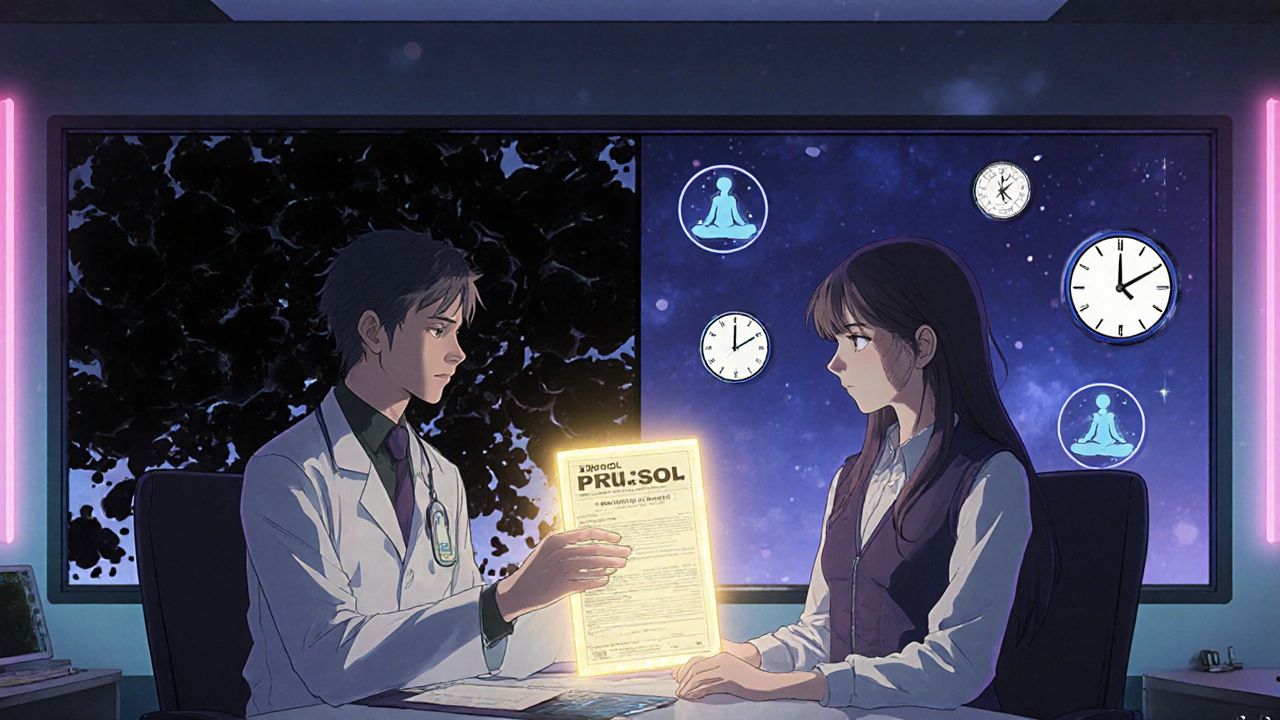 Doctor and patient in a neon-lit room with split realities showing sweating vs. relief through treatment.