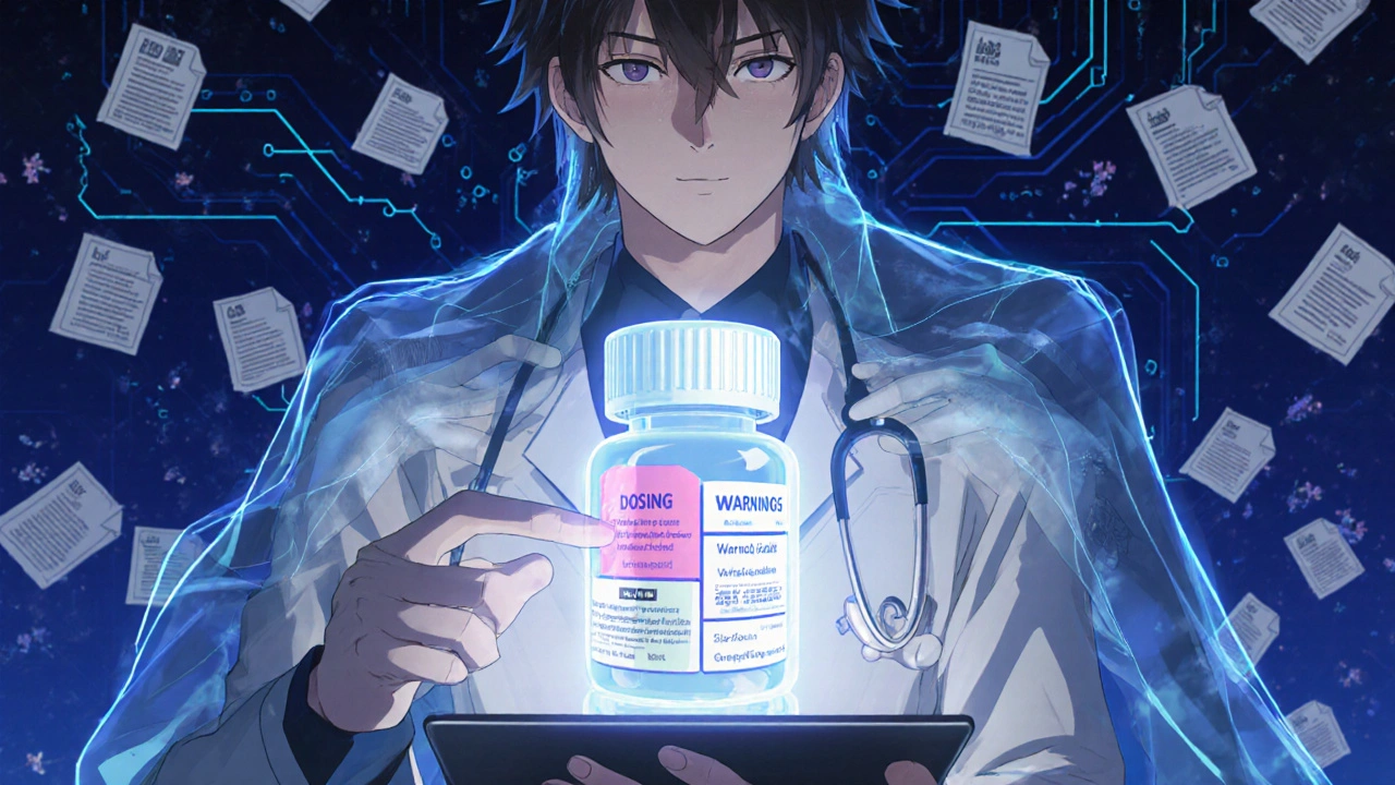 Doctor viewing a holographic drug label guided by a spectral FDA figure, with approval documents falling like cherry blossoms.