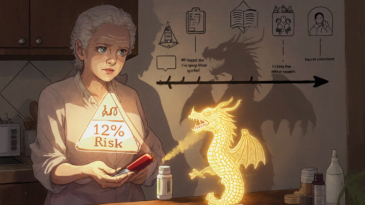 Elderly woman holding glucose monitor with holographic warning, shadow as drug dragon, SLCO1B1 gene rune glowing golden