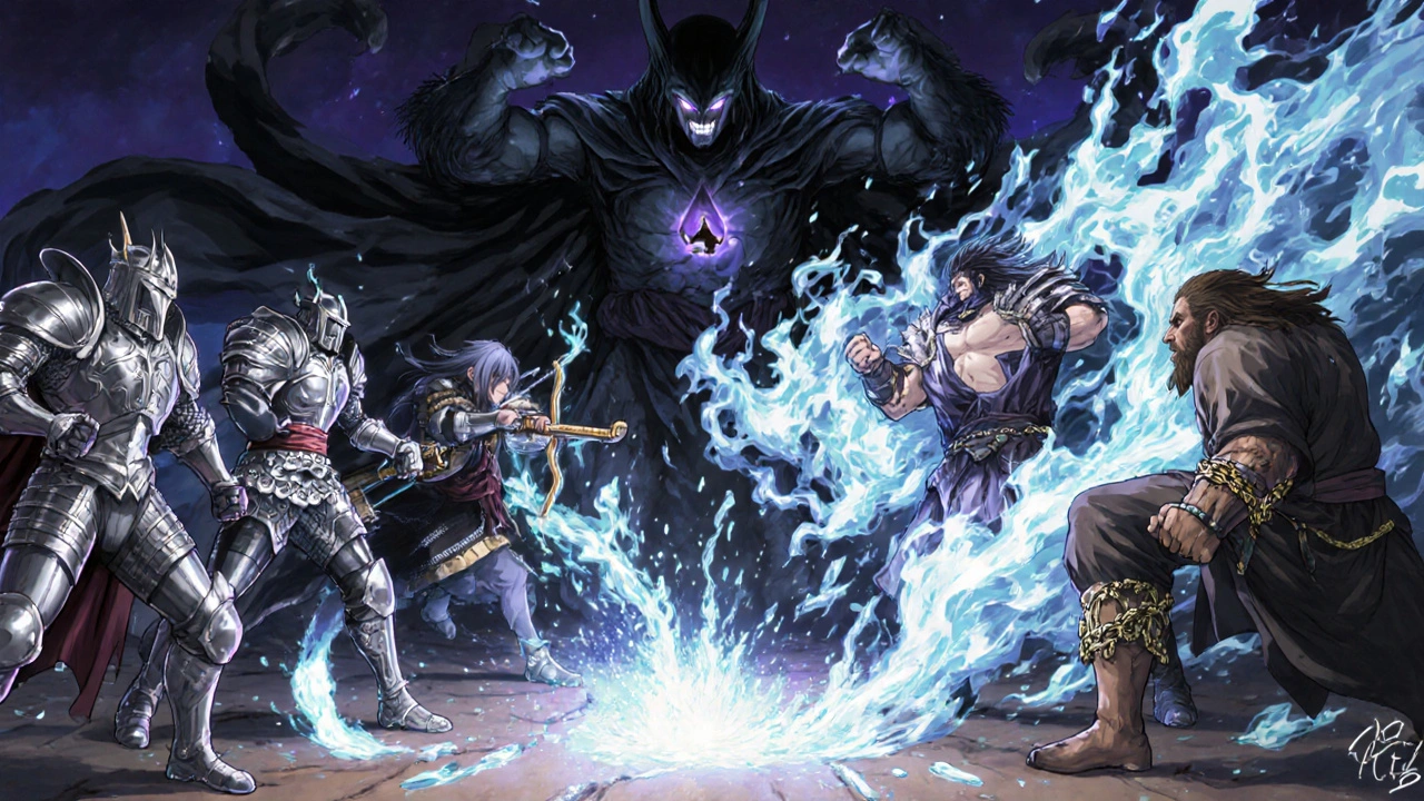 Four medication warriors battling a Diltiazem boss in an anime isekai battlefield with HCTZ water sprite.