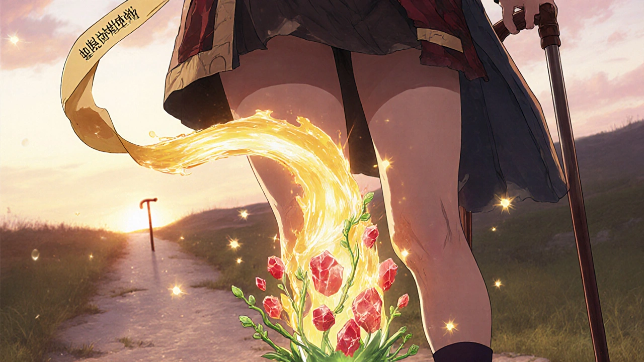 Golden gel transforming into healing vines that reduce knee inflammation with glowing particles.