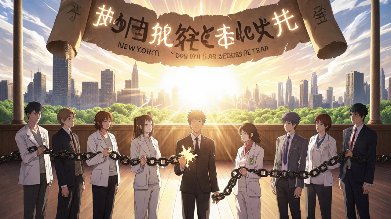 Group of patients breaking medical debt chains in courtroom, glowing laws floating above.