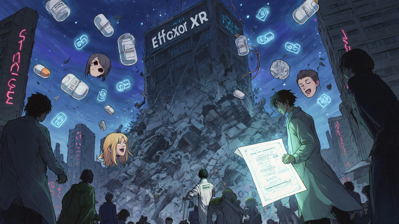 Internal cityscape of medications collapsing, emotional citizens fleeing, with a lab coat figure holding a bioequivalence blueprint.