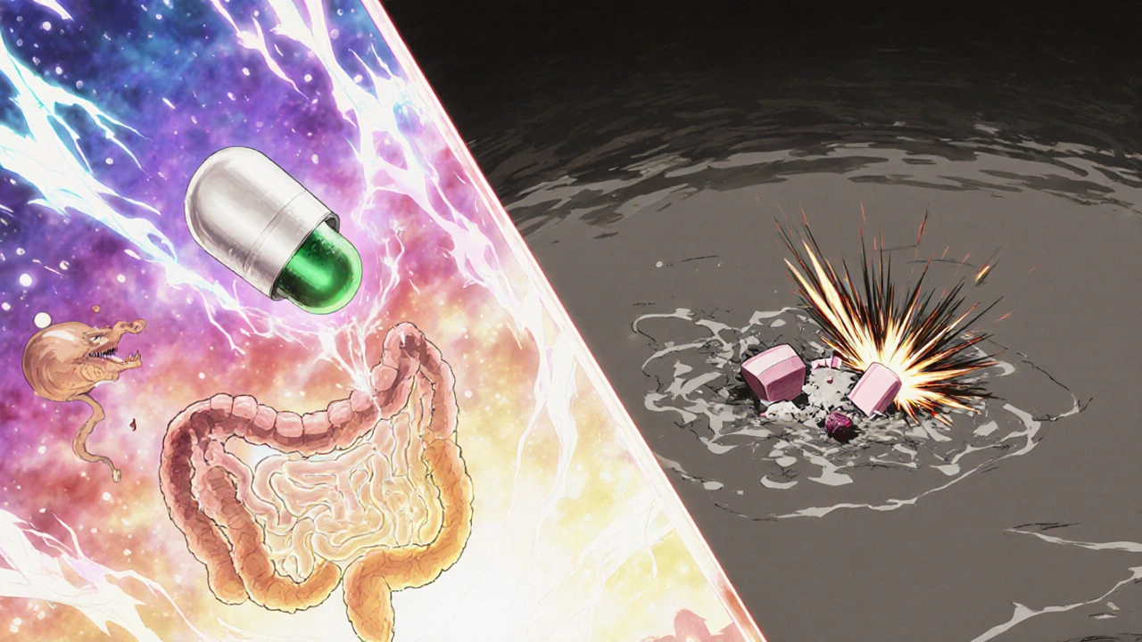 Liquid levothyroxine soaring through a bright intestine while crushed tablets sink in a gray stomach swamp.