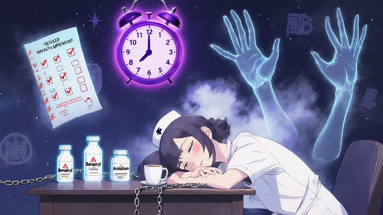 Nurse napping at a table with a glowing alarm and floating sedating medication bottles sealed in runes.