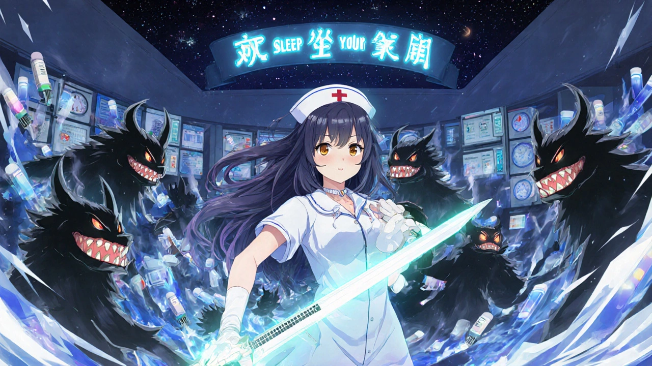 Nurse wielding a barcode scanner as a sword against medication error demons, protected by checklists and alarms.