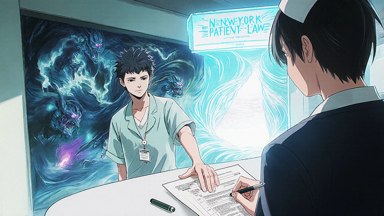 Patient blocking nurse&#039;s pen from filling out financing form, dark debt demons behind them.