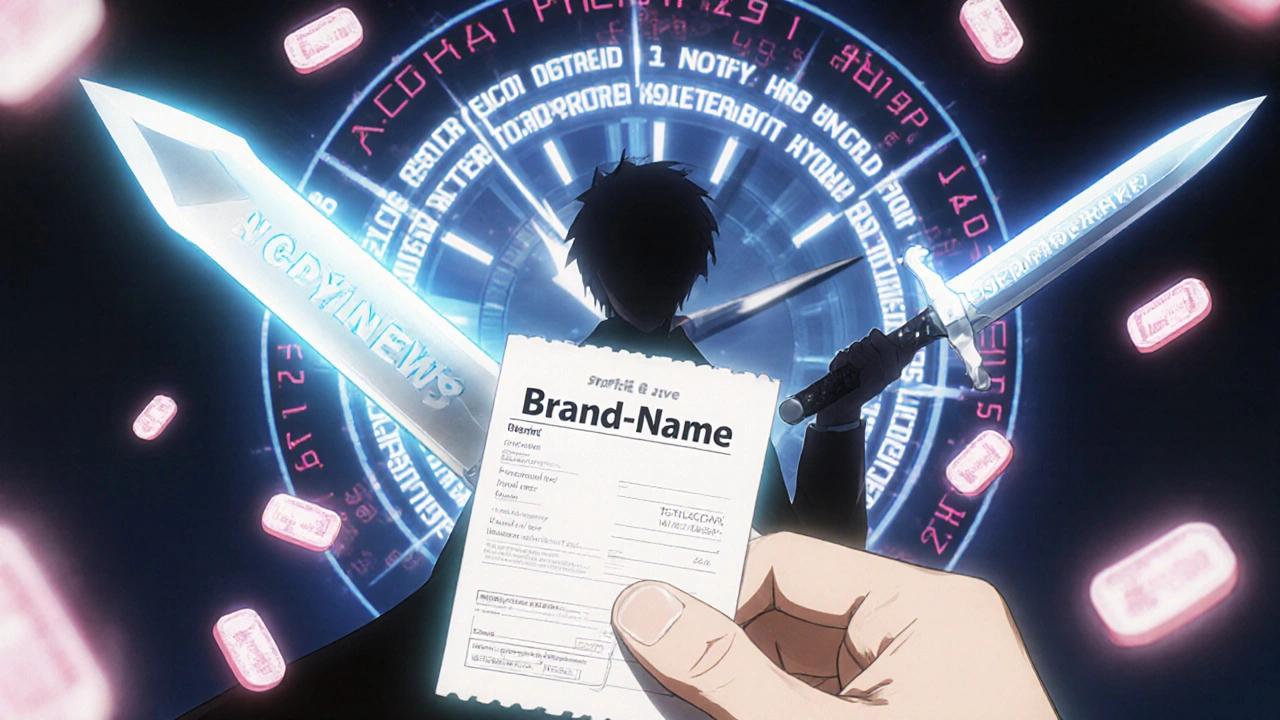 Patient clutching a brand-name prescription that turns into a sword, while a pharmacist raises a generic dagger surrounded by floating legal runes.