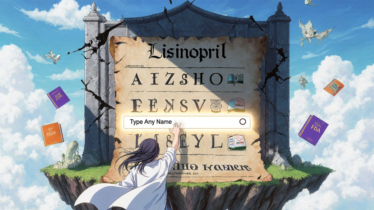 Patient reaching for a giant scroll of lisinopril with brand and generic versions revealed, while a broken A-Z index crumbles behind.