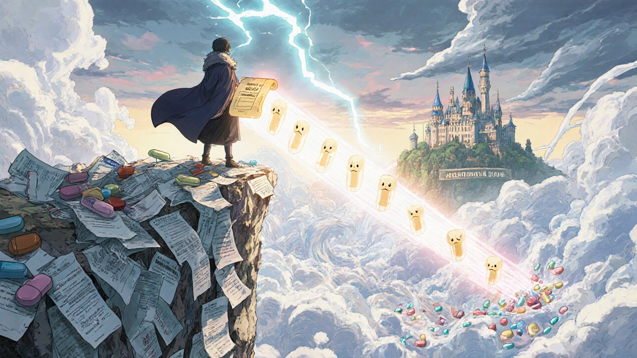 Person standing on a cliff of receipts, holding a glowing DAW-1 scroll as a bridge to a castle, generic pills swirling below in storm.