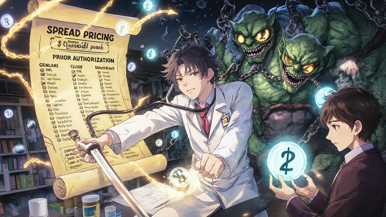 Pharmacist battling PBM goblins with a stethoscope sword, patients holding glowing generic pills.