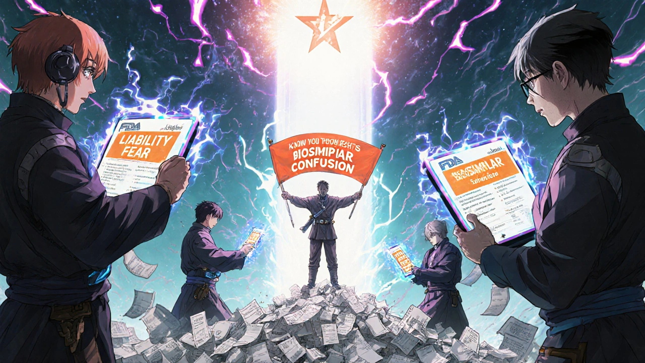 Pharmacists in high-tech robes battle chaotic legal energy waves, as a patient stands atop receipts holding a &#039;Know Your Rights&#039; banner.