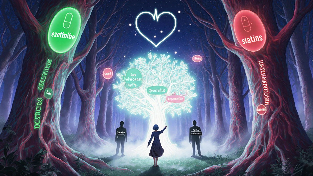 Post-menopausal woman in blood vessel forest choosing between green and red medication trees, decision tree glowing ahead