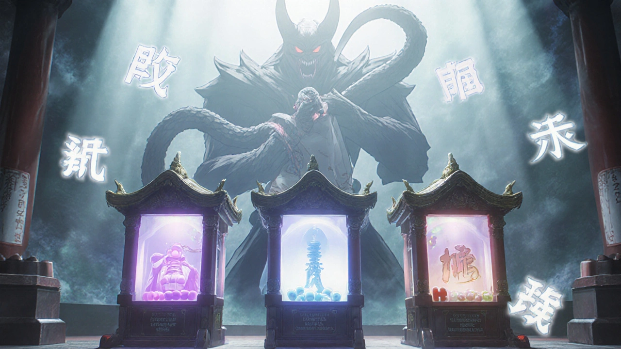 Three glowing medical altars against a shadowy PPI demon, with floating TSH and fatigue symbols in mist.