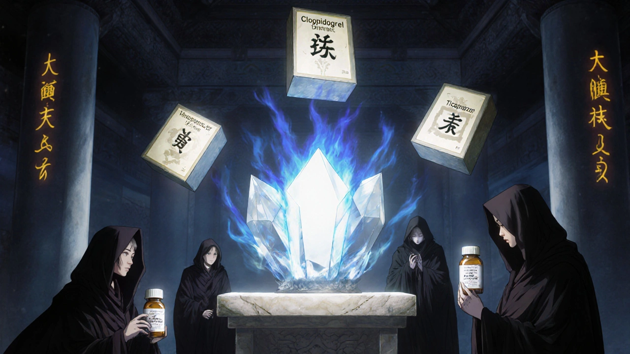 Three medical relics float in a temple — clopidogrel fading, ticagrelor blazing, vonoprazan glowing white, anime style.