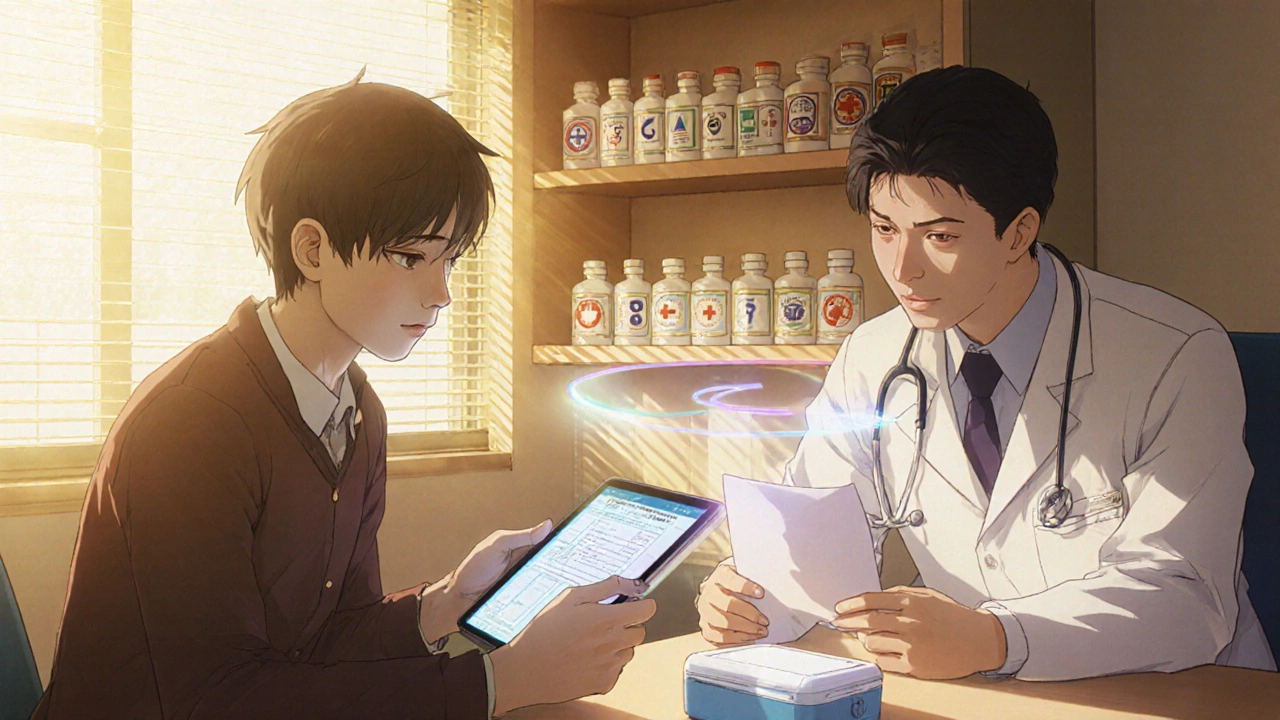 Traveler and doctor reviewing a printed medical letter in a bright hospital room with digital health charts.