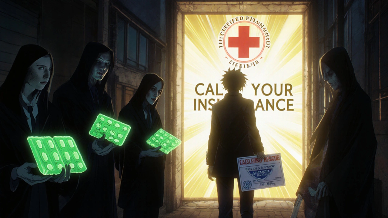 Traveler rejecting fake pills in a dark alley, turning toward a glowing certified pharmacy sign.