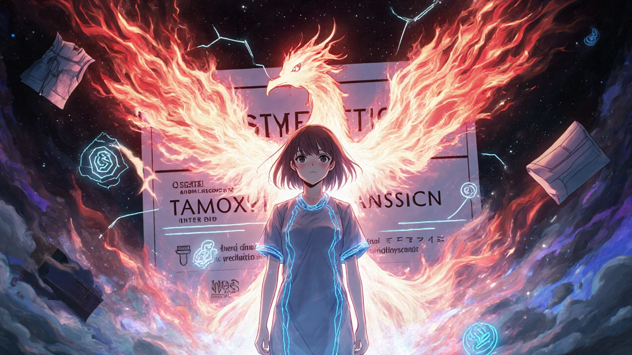 Woman surrounded by fiery phoenixes representing hot flashes, wearing a glowing cooling undershirt.