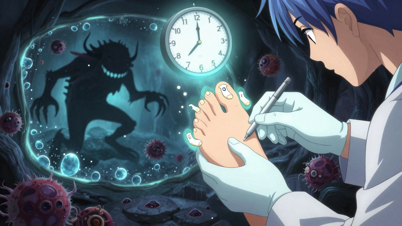 A celestial healer inspecting a diabetic foot protected by cushioned rune-socks, repelling infection with hydration magic.