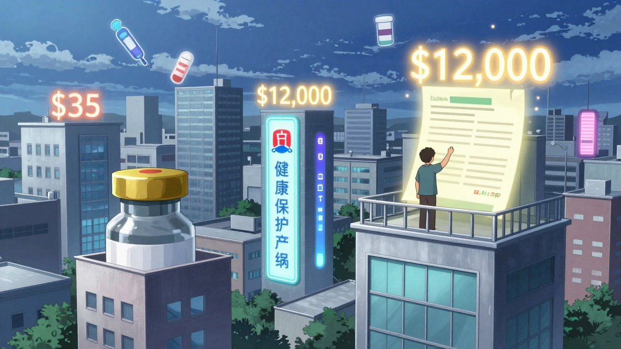 A cityscape of insurance plans with glowing drug prices, one building displaying a  insulin cap, another a ,000 infusion tower with an exception letter glowing.