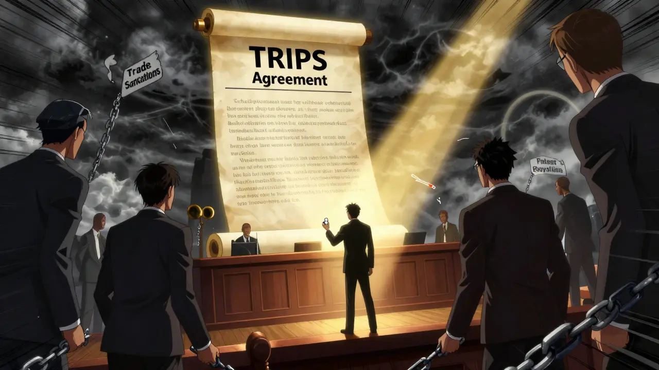 A delegate stands defiant against giant TRIPS scroll and corporate chains in a storm-lit courtroom.