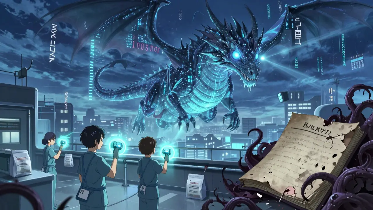 A digital dragon surveillance system hovers over a hospital, scanning medication transfers with glowing data eyes.