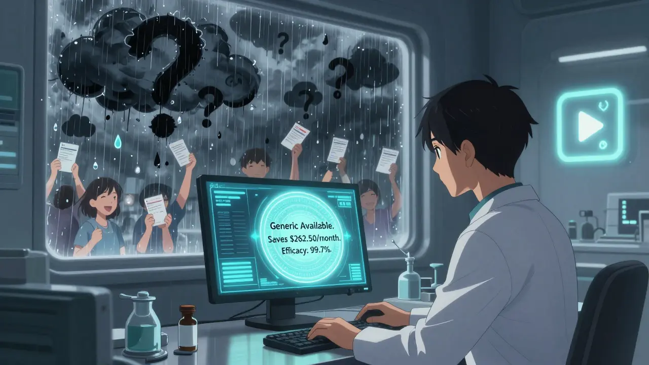 A doctor sees an EHR alert for generics, while dark fears dissolve into smiling patients holding affordable prescriptions.