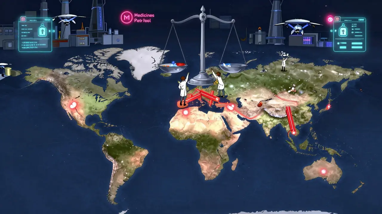 A fractured world map shows patent barriers blocking medicine flow from India to Africa.