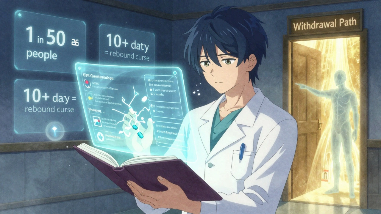A healer showing a glowing headache diary with floating medical stats, as a soul aura cracks under pill use.