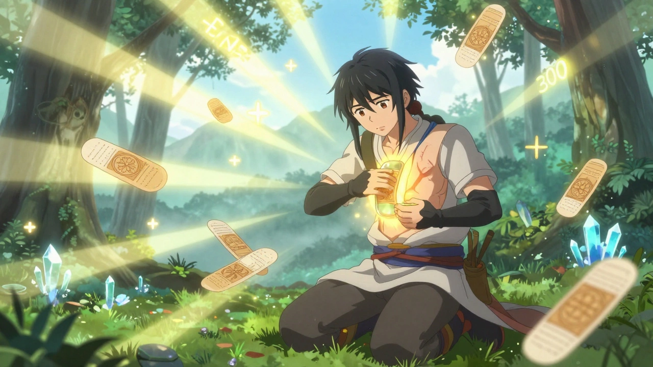 A healing scar covered by a shimmering silicone sheet, bathed in golden sun rays and surrounded by floating bandage talismans.