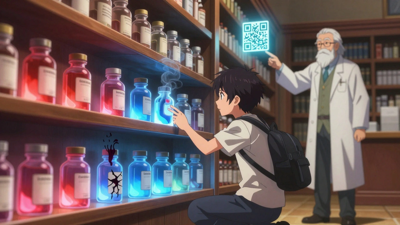 A hero examines a magical pharmacy shelf with colored auras around medicine bottles.
