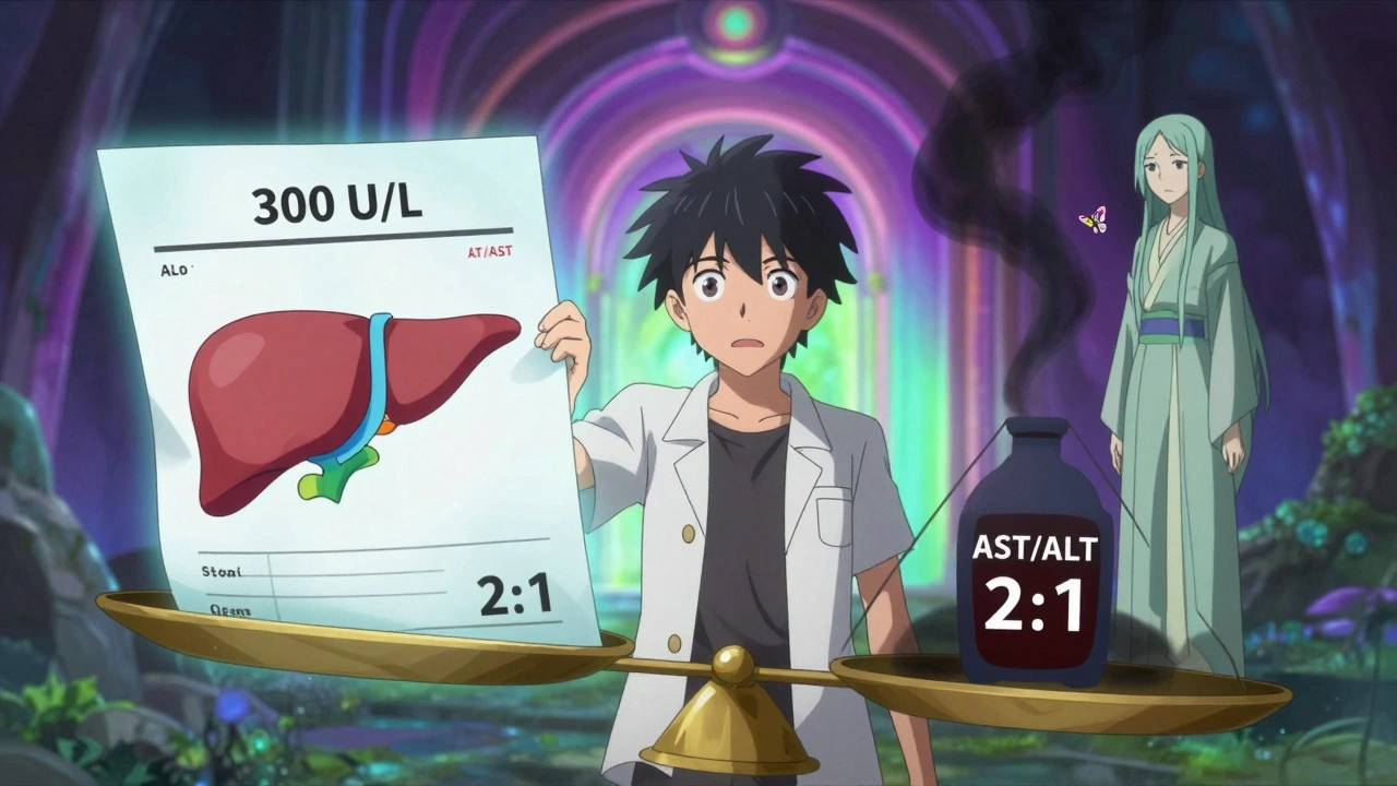 A hero holding a lab report that becomes a scale weighing fatty liver against alcohol damage, anime isekai style.