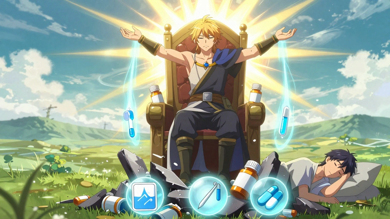 A hero standing tall over broken pill bottles as healing energy replaces pain, in bright anime sunrise scene.