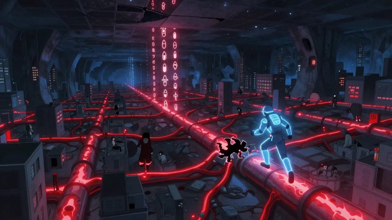 A hidden supply chain glows with failing veins as patients above dim with shortages.