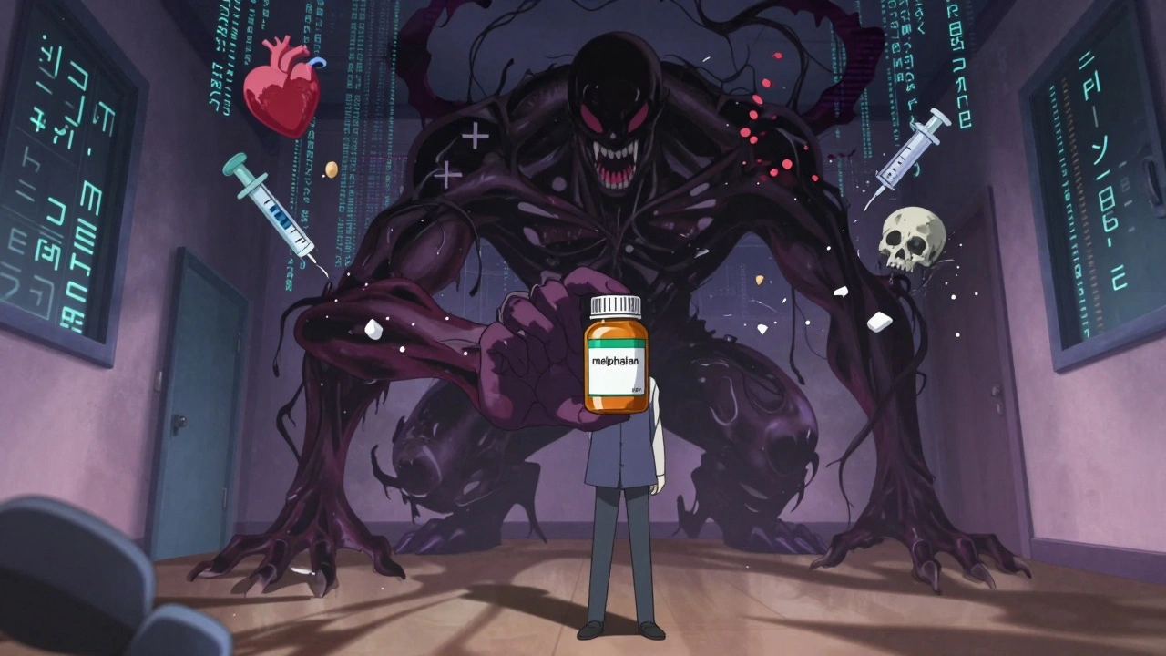 A patient holding a pill bottle as a monstrous shadow of a similar drug looms behind, surrounded by crumbling medical icons.