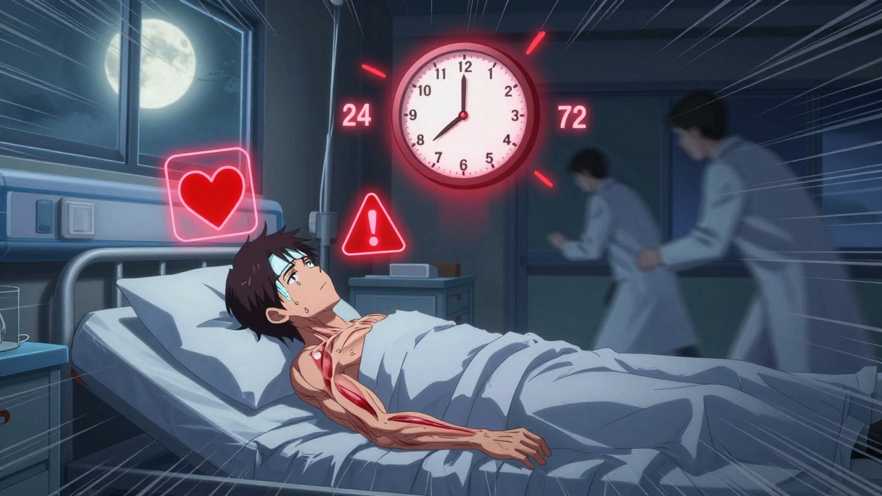 A patient in a hospital bed surrounded by floating warning symbols during serotonin syndrome risk window.