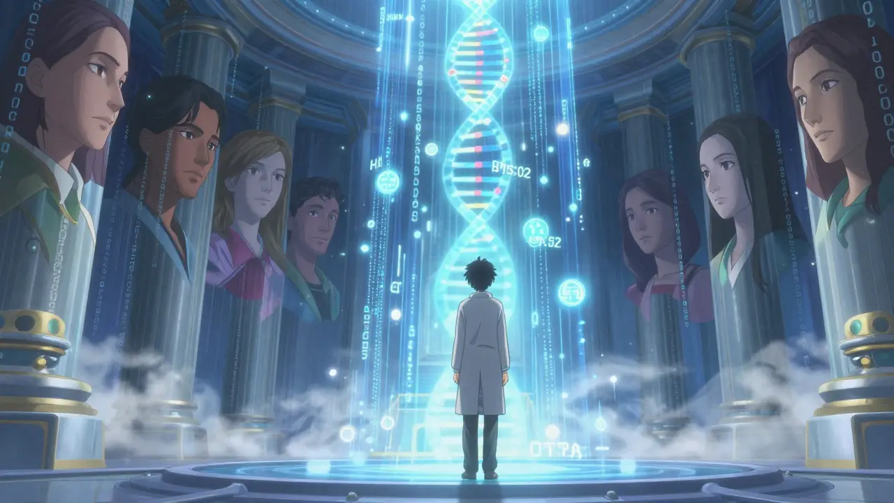 A patient receiving a personalized drug formula from a DNA oracle, with ancestral genetic markers glowing around them.