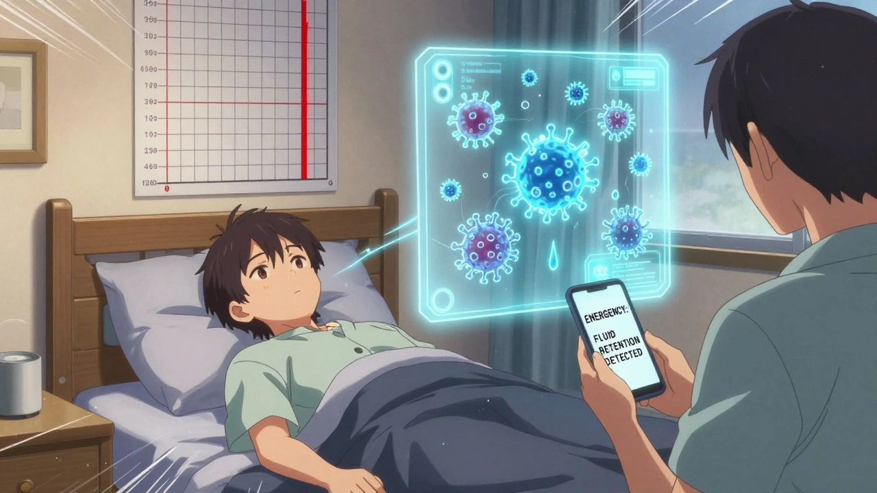 A patient’s bedroom with a spiked weight chart and family receiving an emergency alert, fluid and sodium ions visible as digital viruses in anime isekai style.