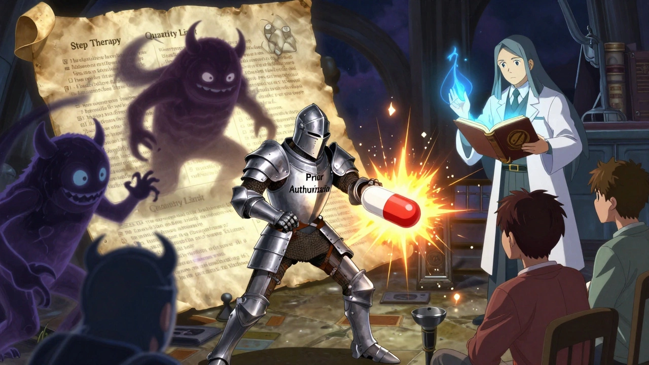A patient watches as a knight defends their prescription pill from monsters representing step therapy and quantity limits, guided by a pharmacist wizard.