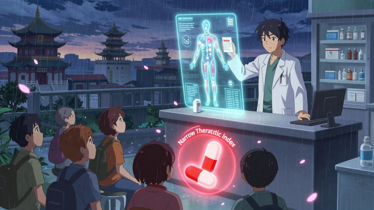 A pharmacist projects a hologram of medicine pathways in the body while warning auras glow around critical medications.