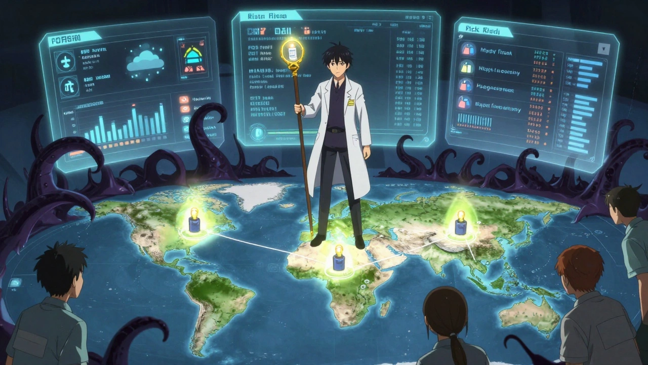 A pharmacist standing on a global map, using a staff to activate three backup suppliers against dark scarcity tendrils.