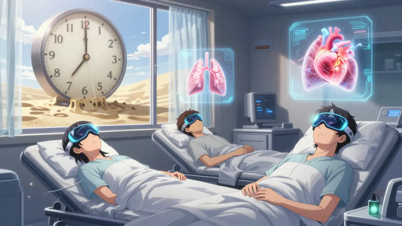 A sleep clinic with patients wearing glowing neural implants, their restored lungs and hearts visible as floating holograms in a dreamlike dawn.