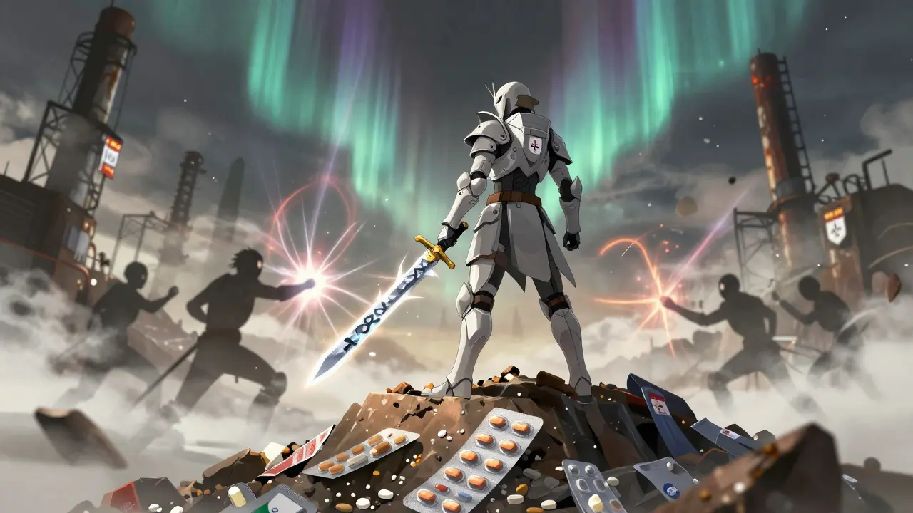 A warrior in pill-pack armor battles rivals atop a mountain of chemical ingots.