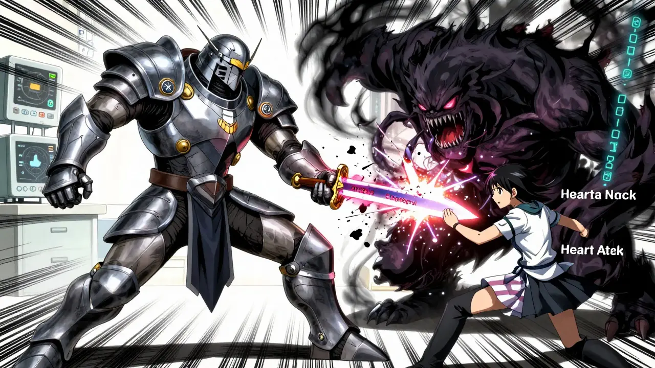 A warrior with slow CYP2C19 metabolism unable to use clopidogrel against a heart attack monster, while another succeeds.