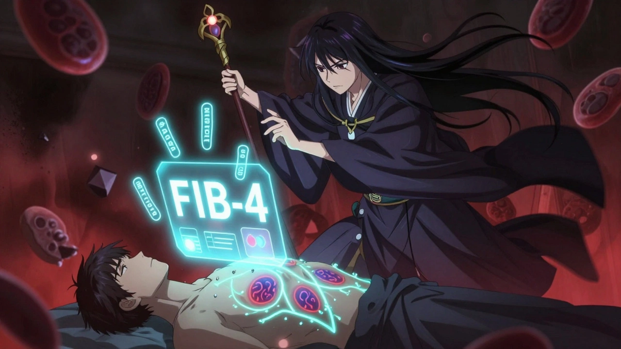 A wizard casting a spell with albumin and prothrombin staff, revealing hidden liver fibrosis as glowing vines, anime style.