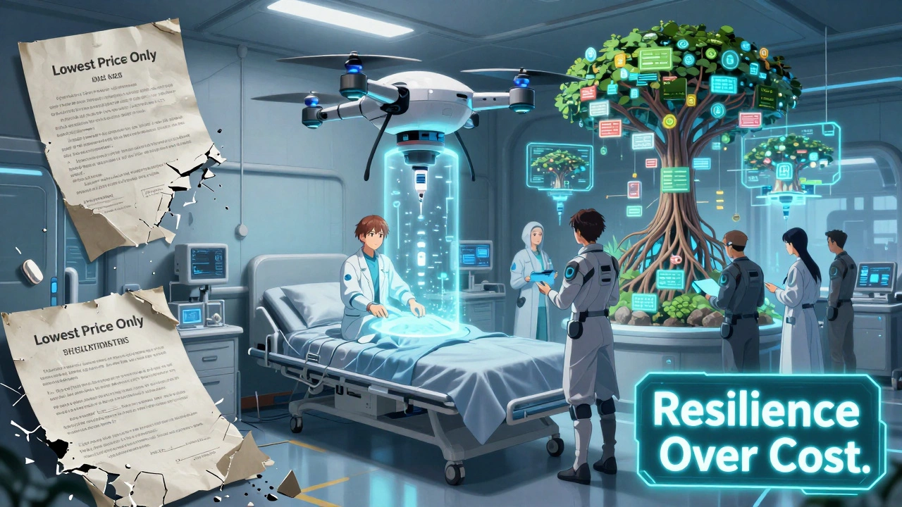 AI drones deliver medicine in a futuristic hospital as specialists analyze glowing global supply chain trees.