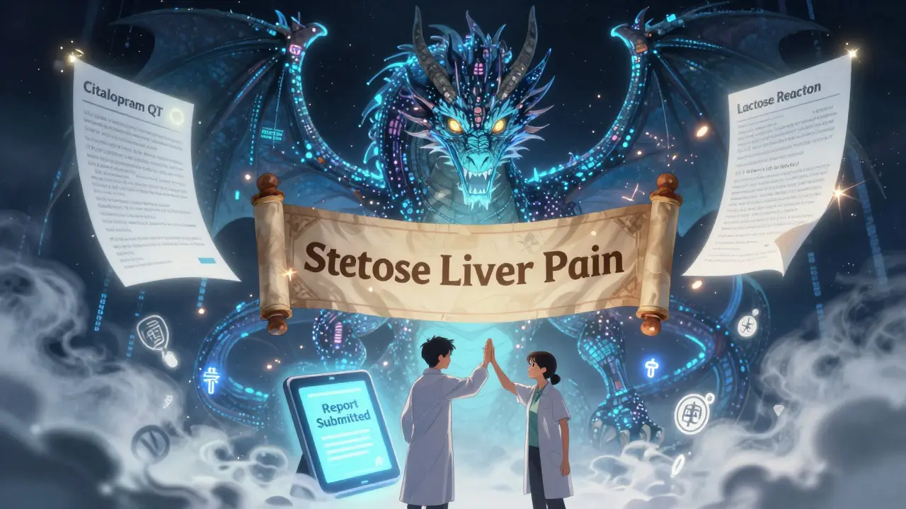 An AI dragon scans adverse event reports in space, with a pharmacist and patient celebrating a submitted report.