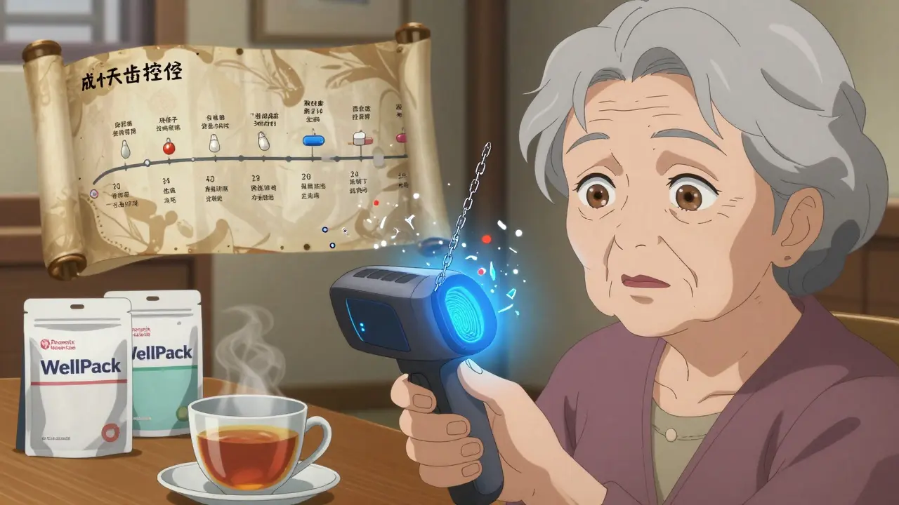 An elderly woman's fingerprint triggers a biometric scan that destroys dangerous drug interaction chains with sparkling light.
