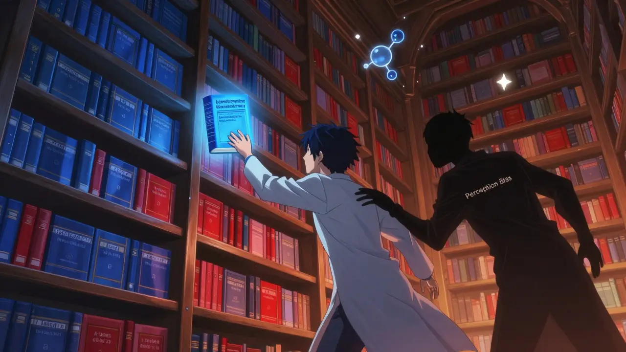 An infinite library of generic drugs with blue and red glowing books, a hero reaching for a consistency guide.