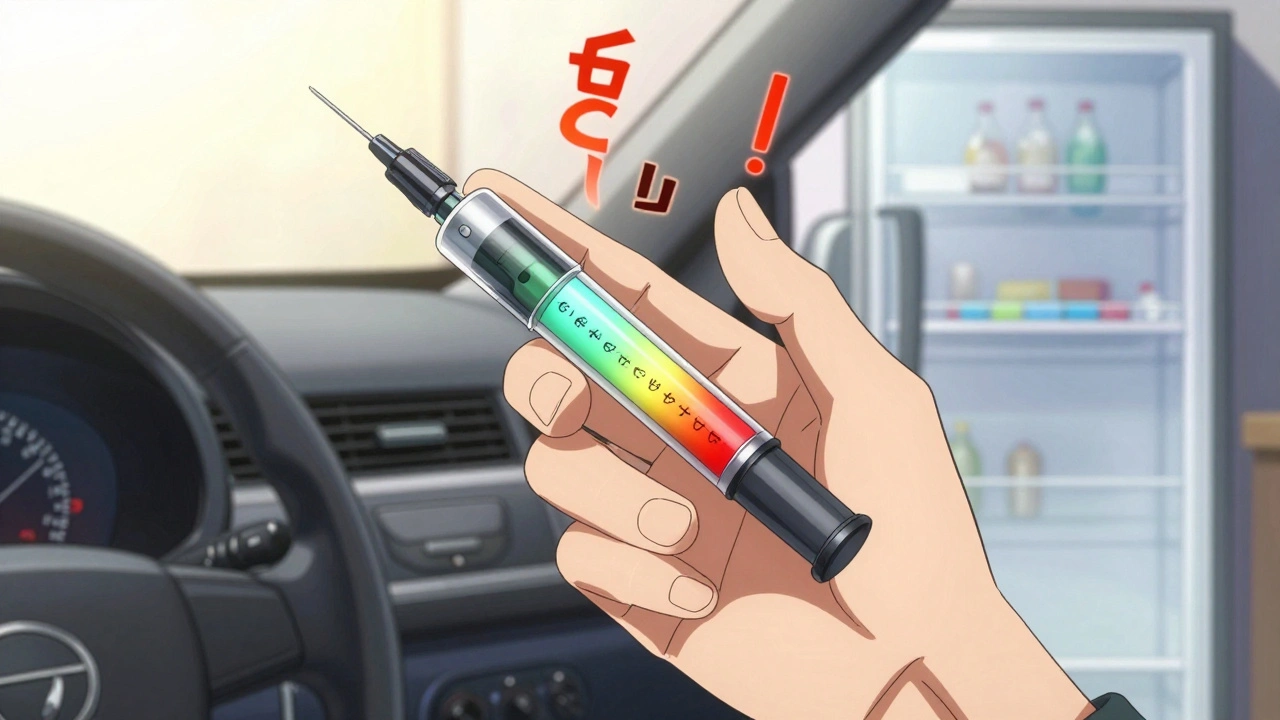 An insulin pen’s label changes color as heat waves ripple around it in a split scene.